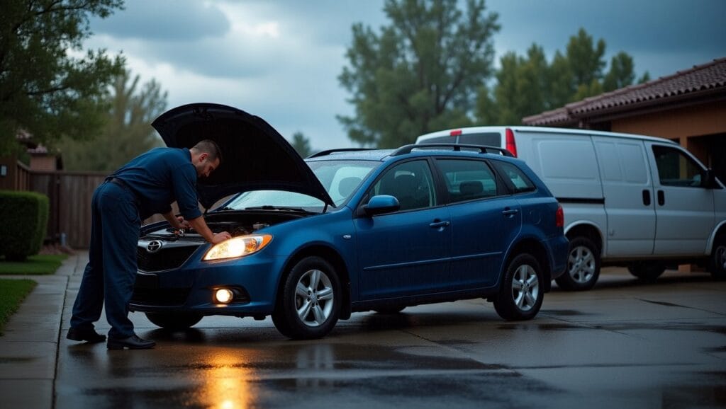 A mobile mechanic working on a car in a Summerlin driveway after a rainstorm. The mechanic is inspecting the engine with diagnostic tools, while the car sits on wet pavement surrounded by puddles and damp trees.