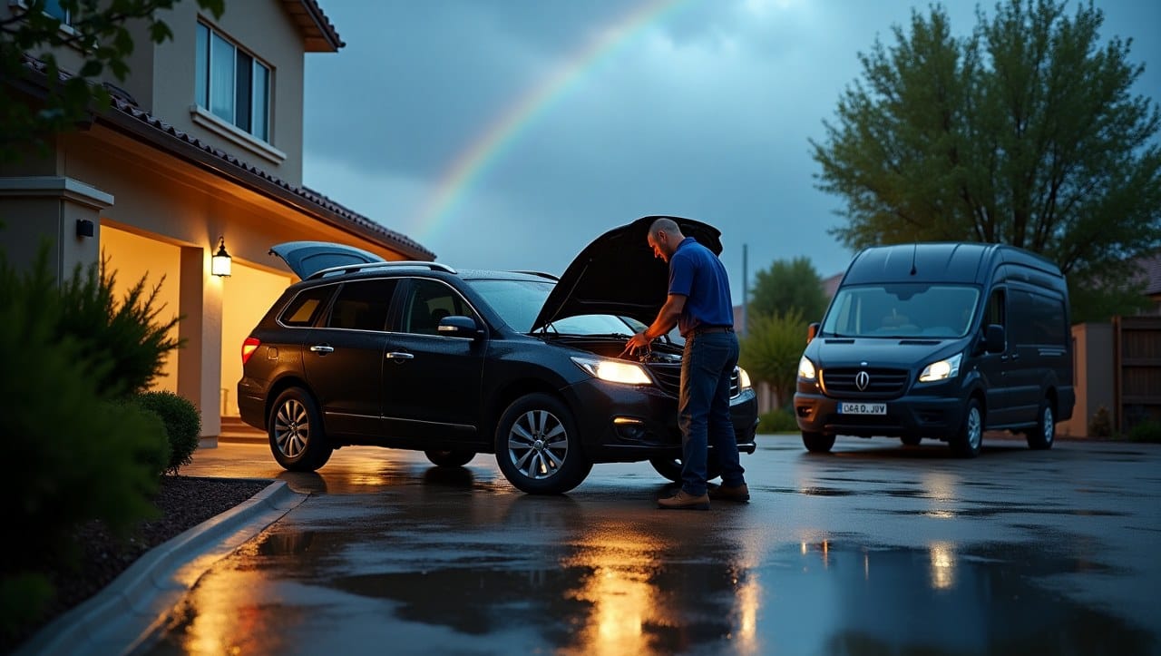 Dark clouds and a faint rainbow can be seen in the background, hinting at the aftermath of a recent storm. The mechanic's van is parked nearby, fully equipped for on-site repairs.