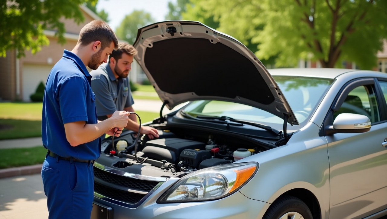 A professional mobile mechanic working on a car in a suburban Summerlin neighborhood. The mechanic is using tools on the engine of a vehicle in a well-equipped service van, with clear skies and desert-style landscape in the background.