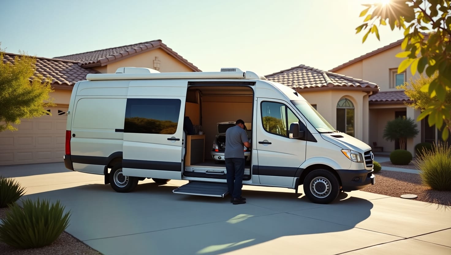 Mechanic performing on-site oil change with tools beside a mobile van in Summerlin