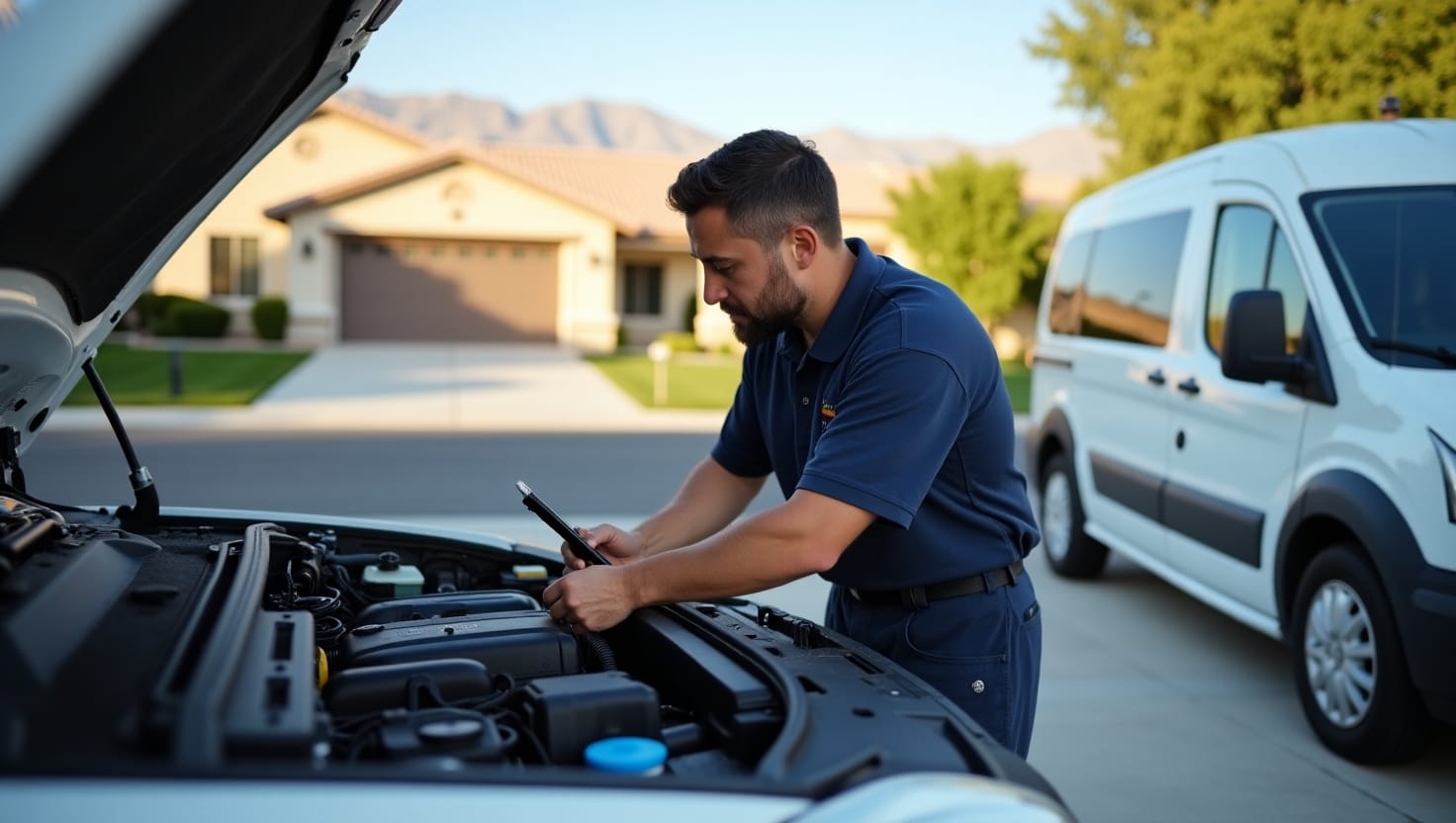 Dealership service center technician working on a car with OEM tools