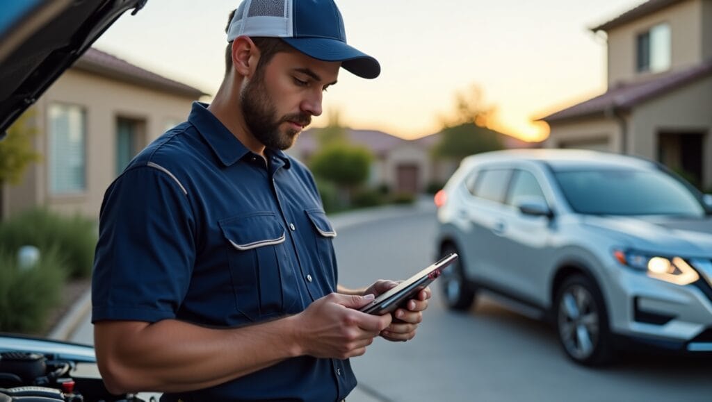 Mobile mechanic performing engine diagnostics in a residential Summerlin driveway